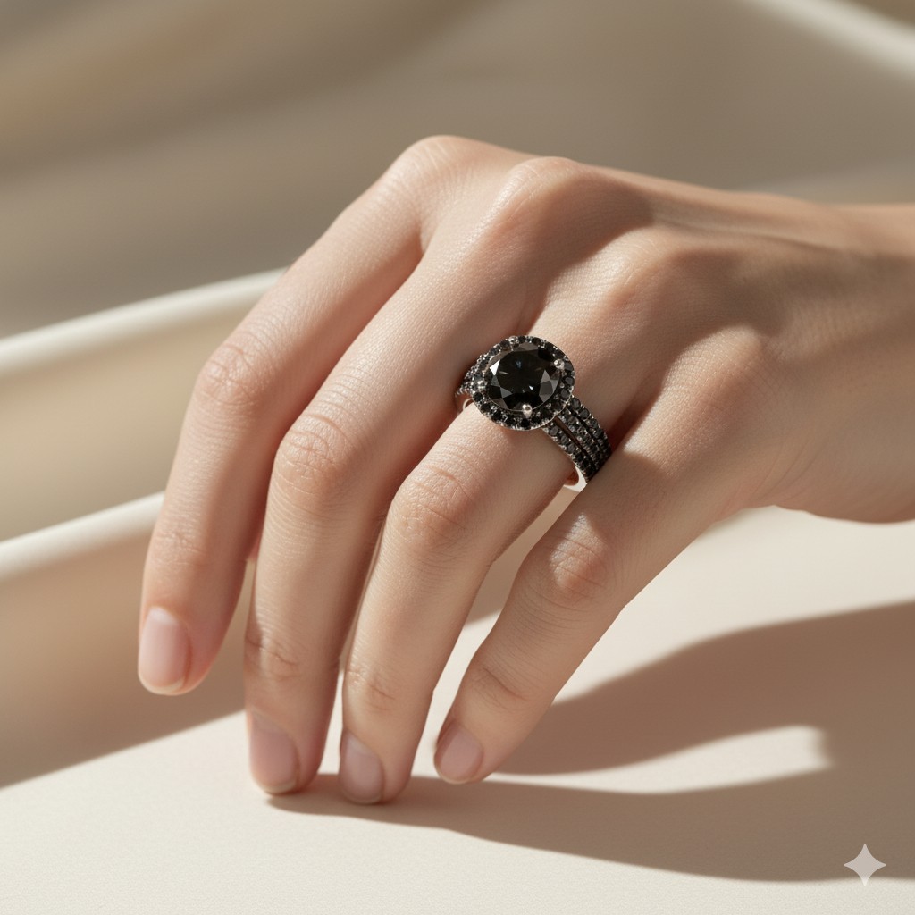 Round black diamond solitaire in 18K white gold, close-up front view