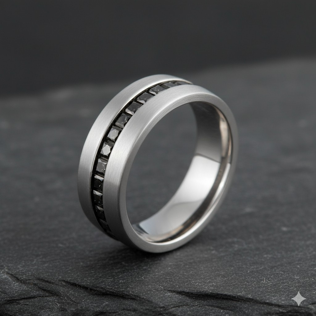 Men’s matte wedding band with channel-set black diamonds