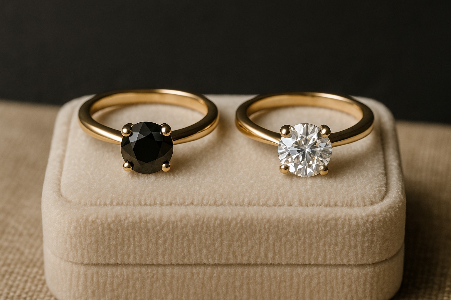 Side-by-side black diamond solitaire vs white diamond solitaire rings