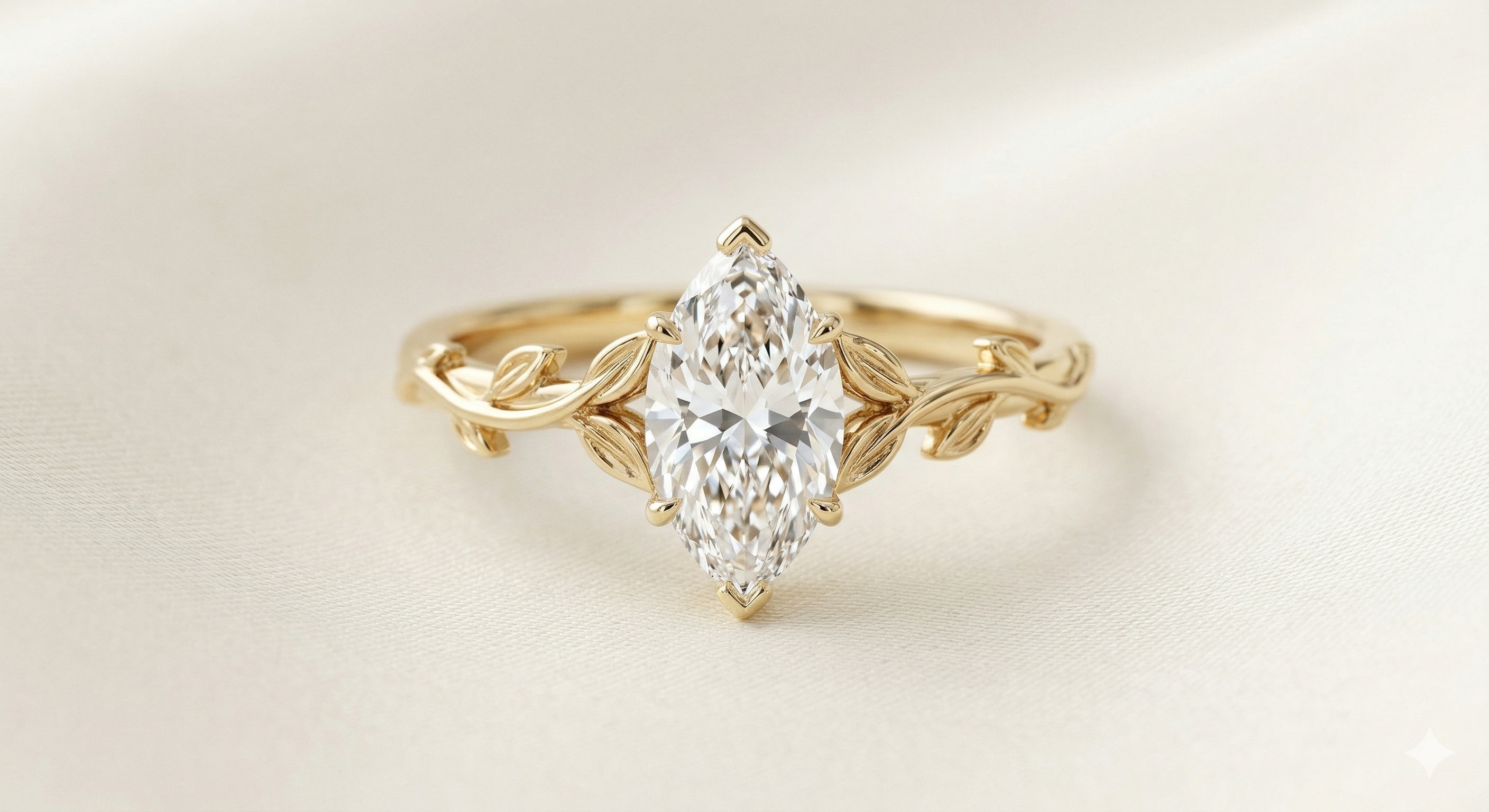Botanical marquise engagement ring with leaf inspired details