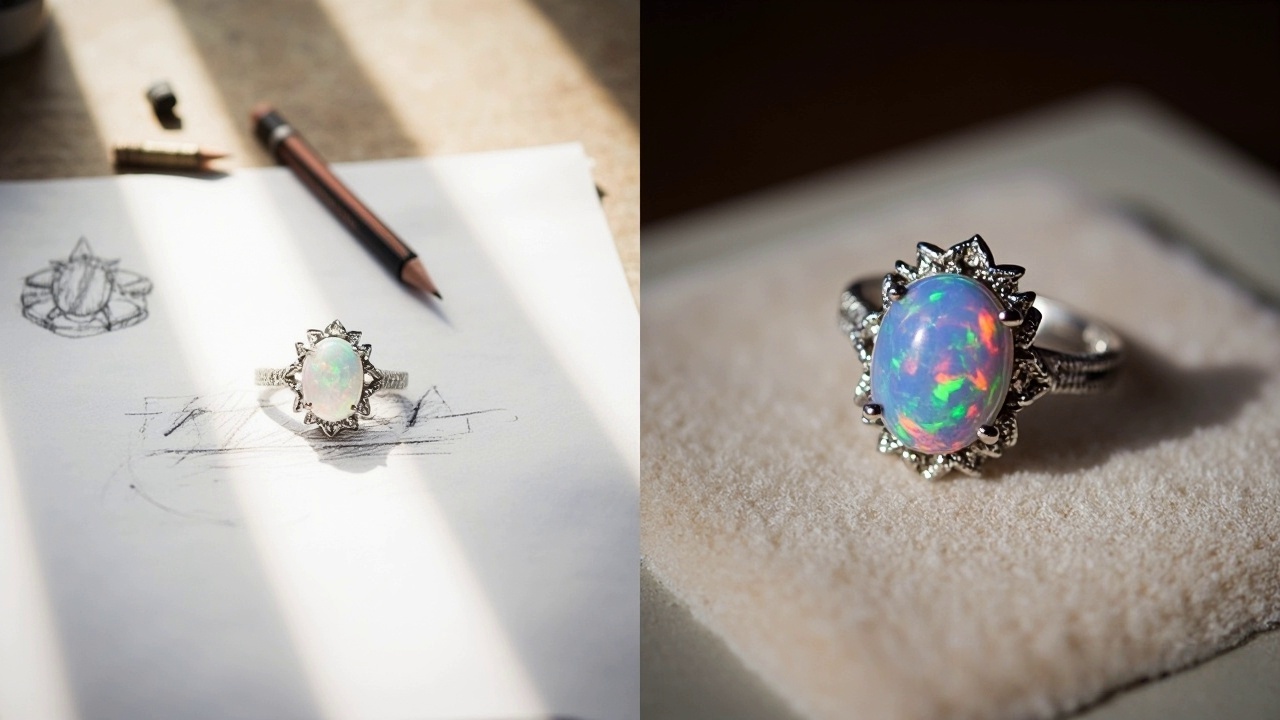 Custom opal ring design sketch and final product