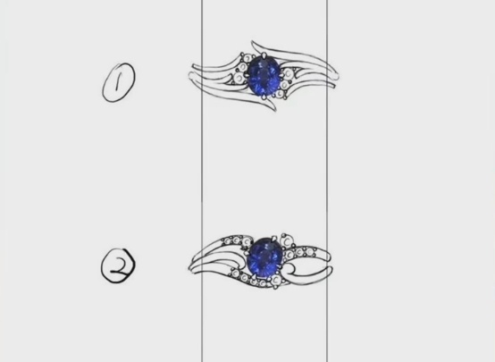 Doodled sketches of flowing waves, stars, and clouds for a custom ring design.