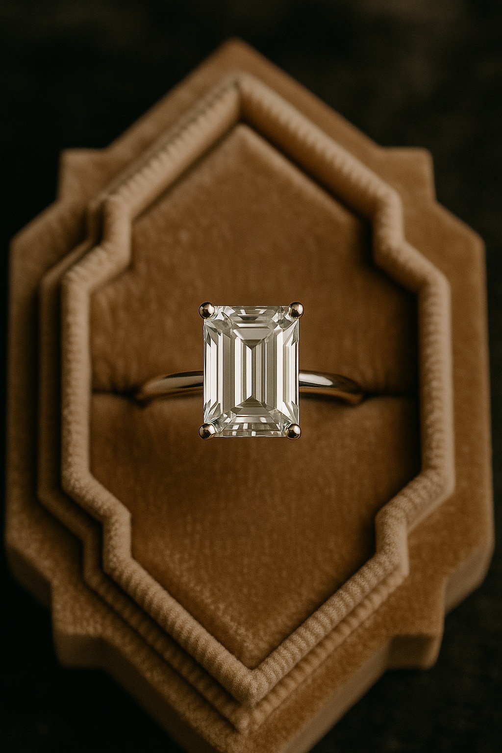 Emerald cut diamond solitaire on a velvet ring tray with Art-Deco mood lighting