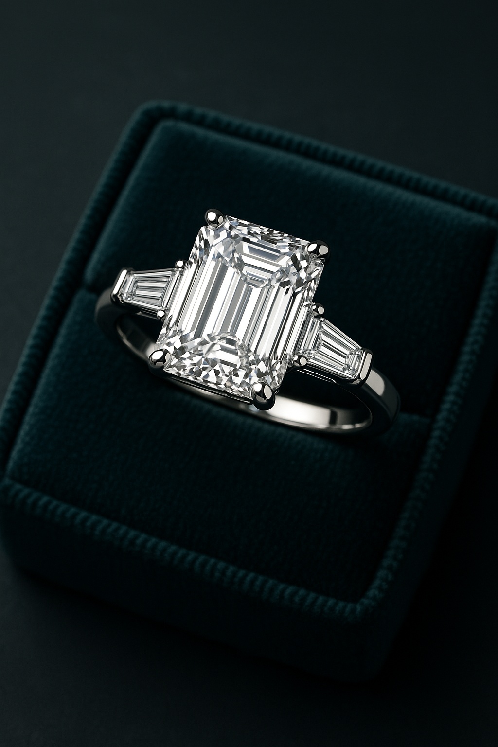 Emerald cut with tapered baguette side stones in platinum