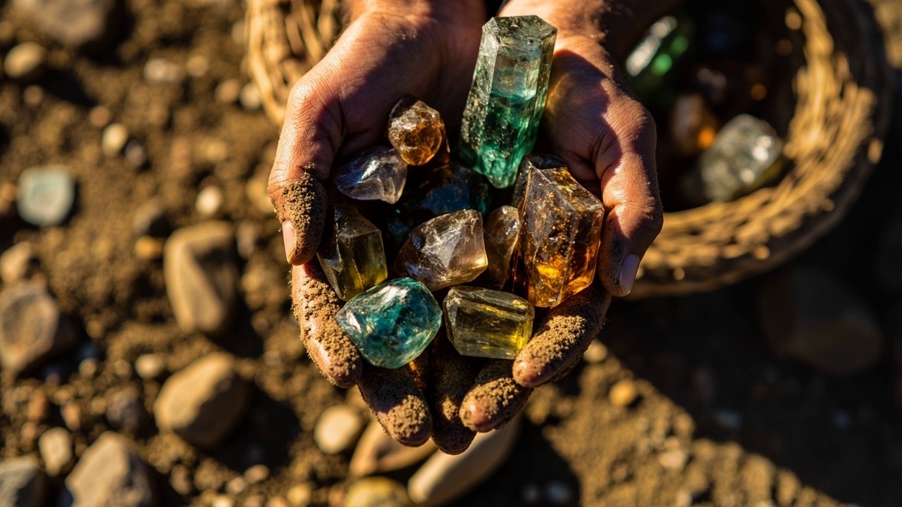 Hands holding rough gemstones
