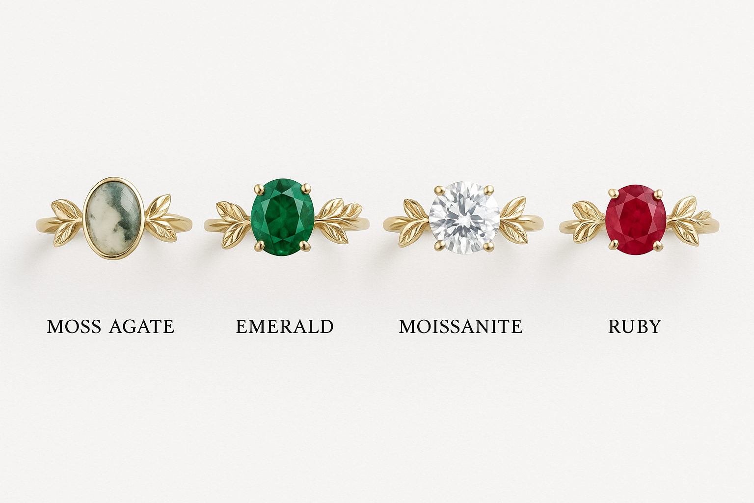 gemstone options for custom leaf engagement rings: moss agate, emerald, moissanite, ruby