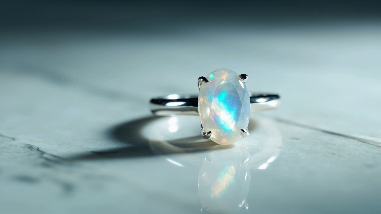 Close-up of moonstone engagement ring with rainbow shimmer