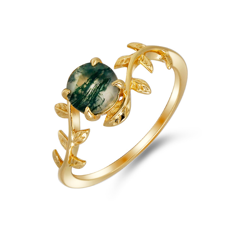 open gold leaf ring set with round moss agate gemstone