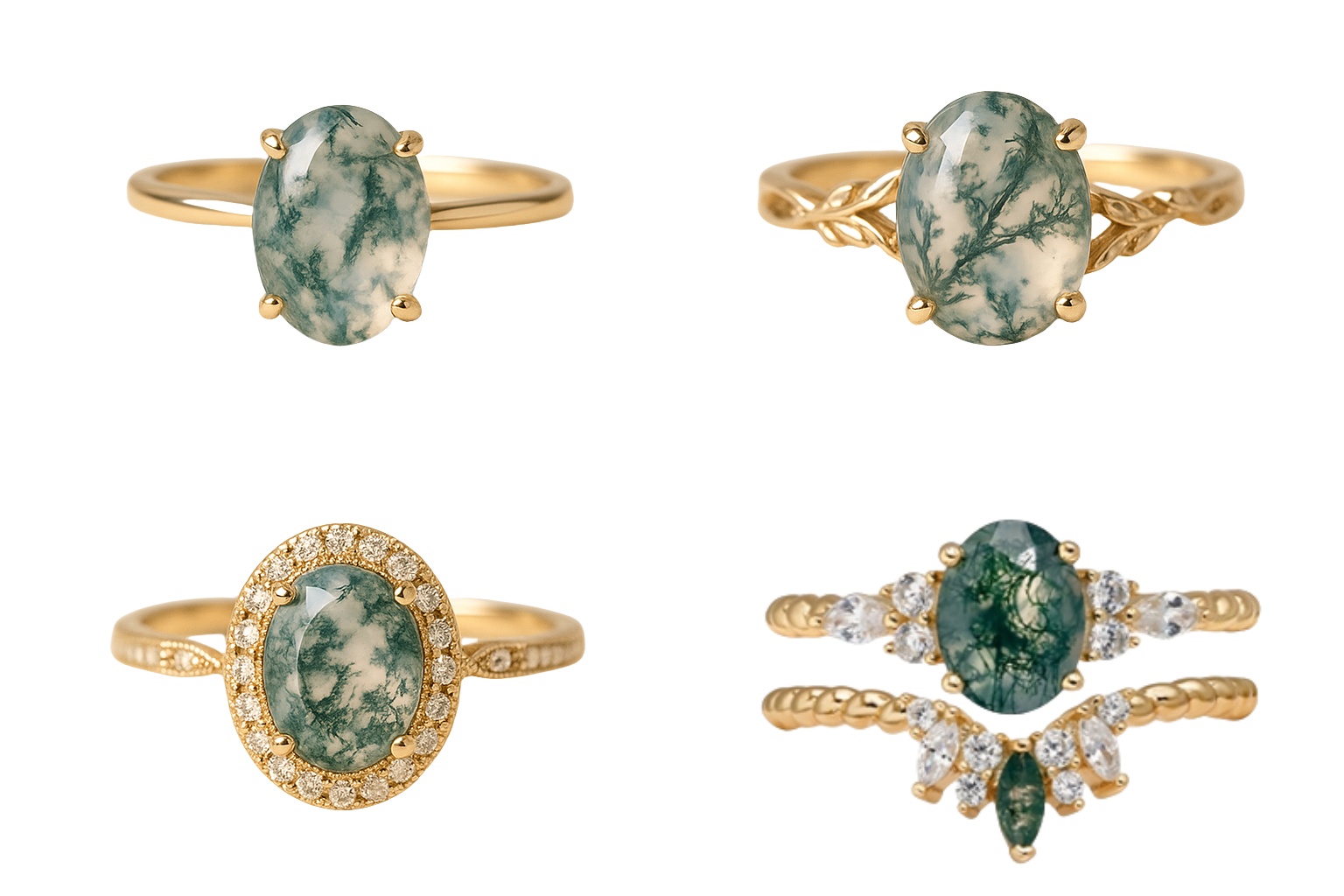 Different moss agate engagement ring styles in gold settings