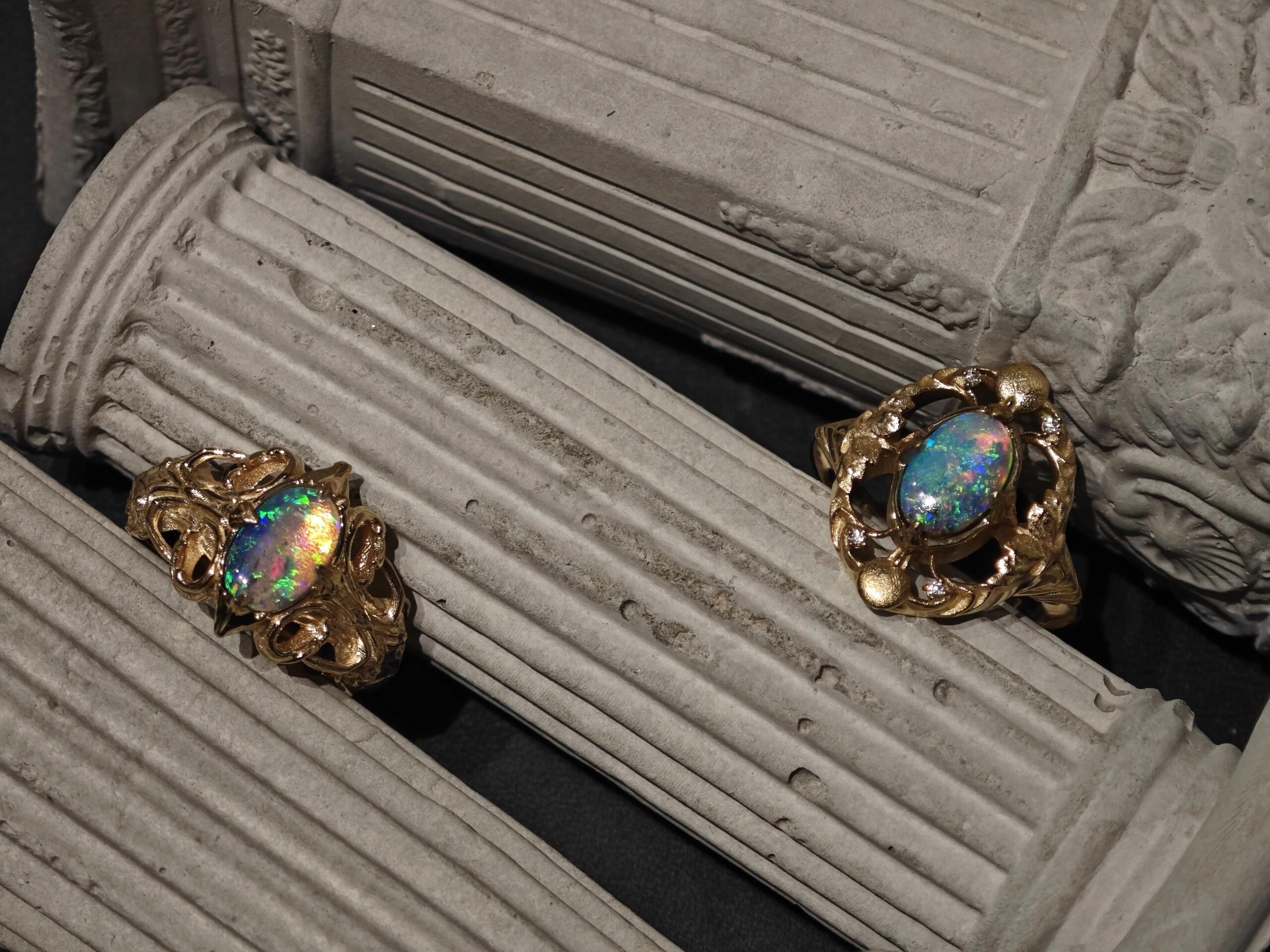 Opal engagement ring with rainbow fire effect
