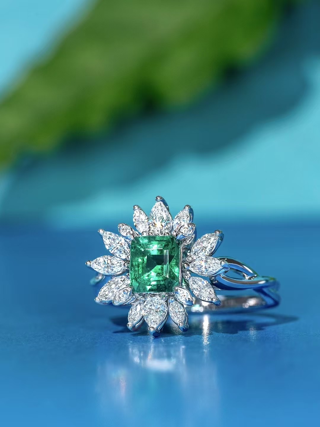 Floral Halo Emerald Diamond Ring