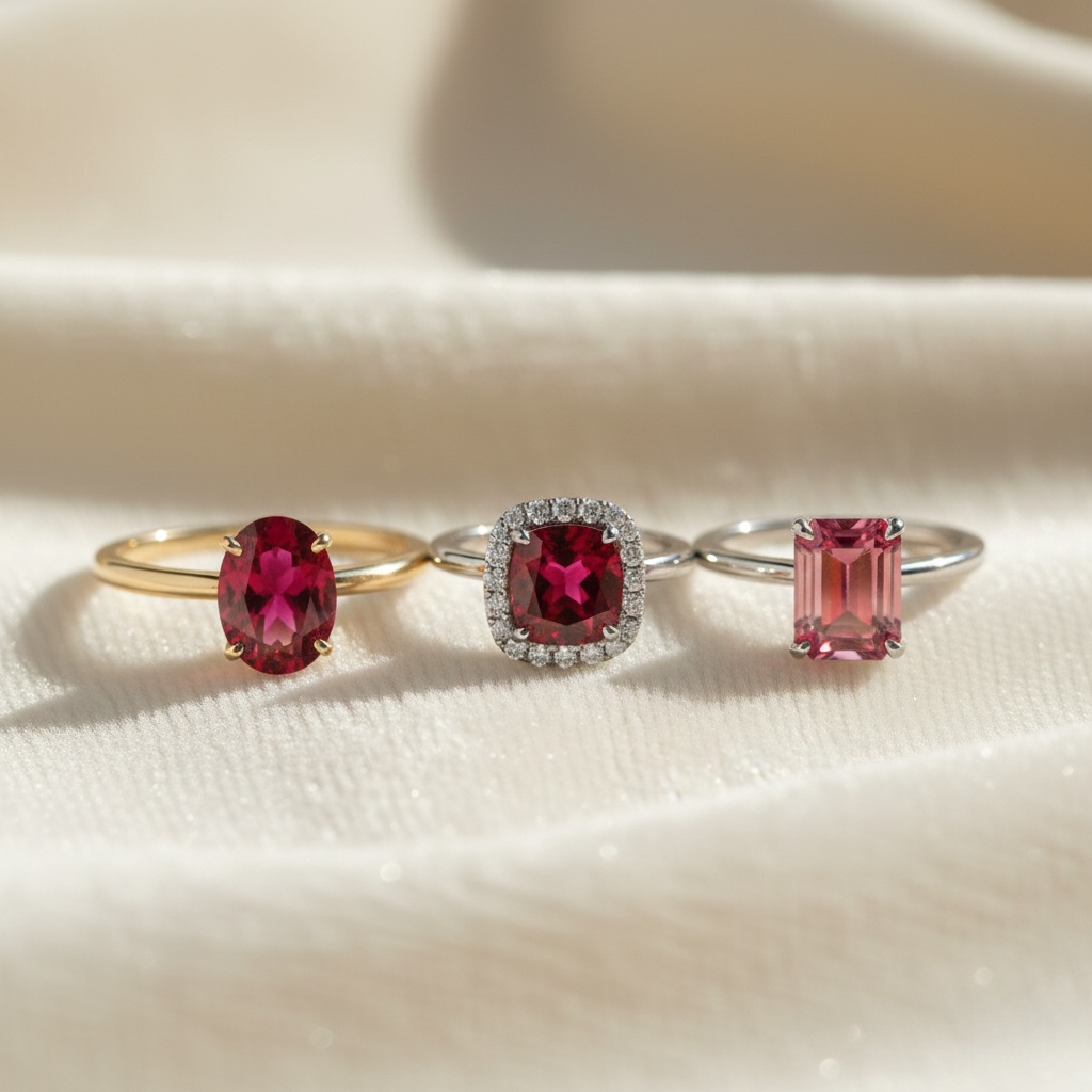 Different ruby hues and cuts: deep red, vivid red, and pinkish red in oval, cushion, and emerald cuts