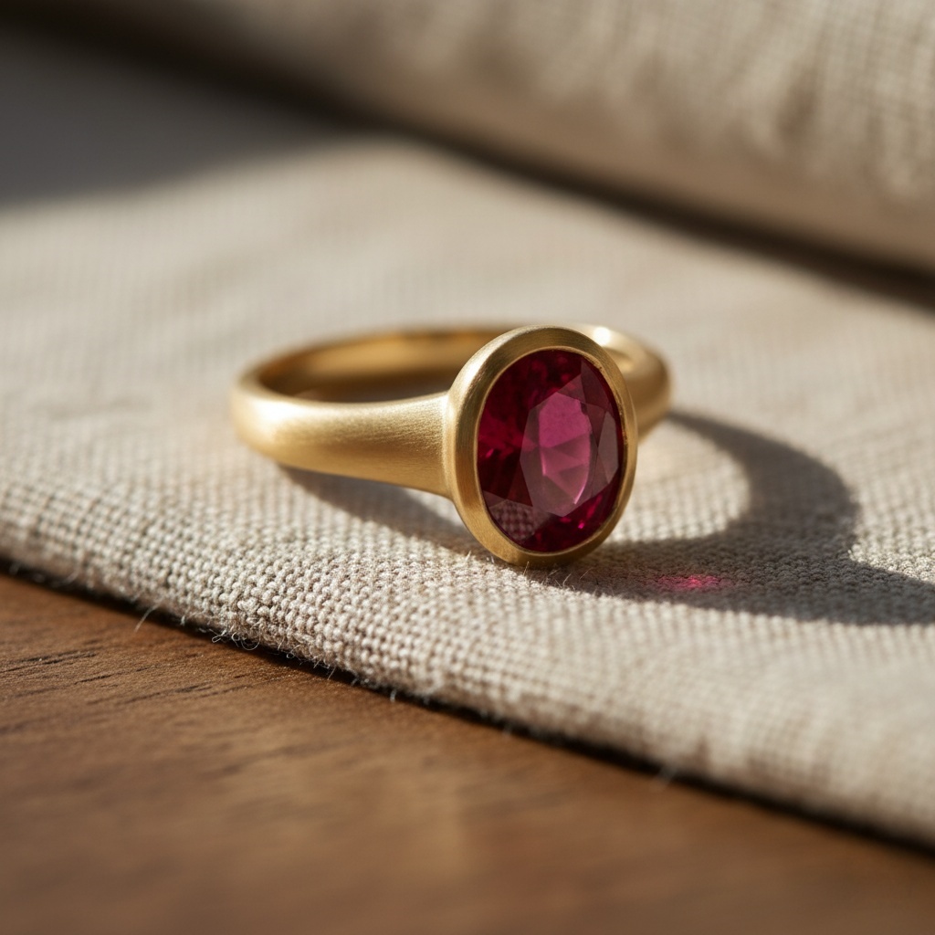 Bezel-set oval ruby engagement ring in brushed 18K yellow gold, three-quarter angle