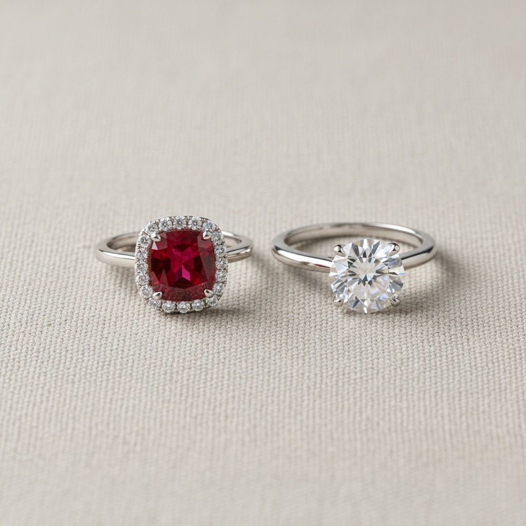 Side-by-side comparison: ruby center with diamond halo vs classic white diamond solitaire