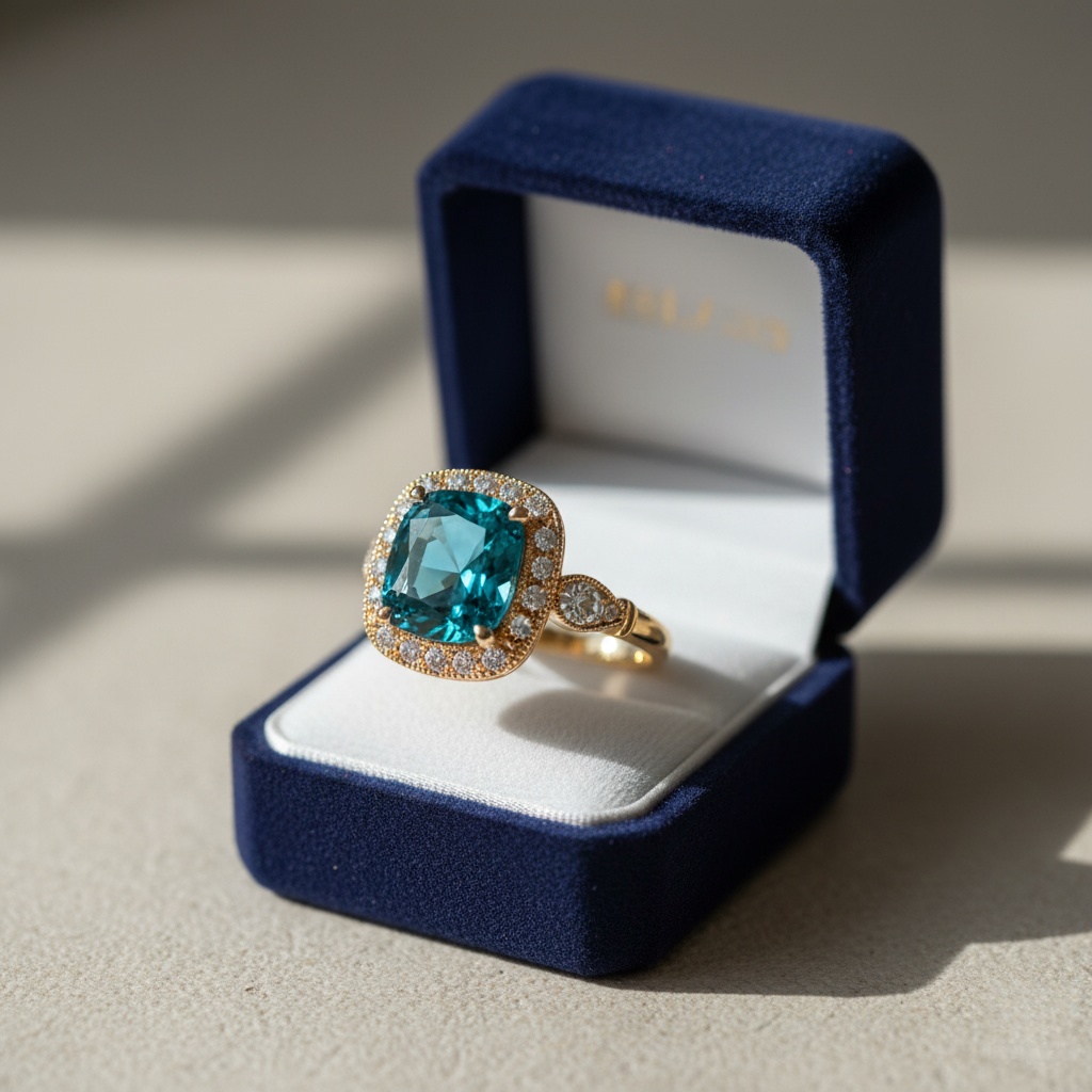 Custom sapphire engagement ring with diamond halo