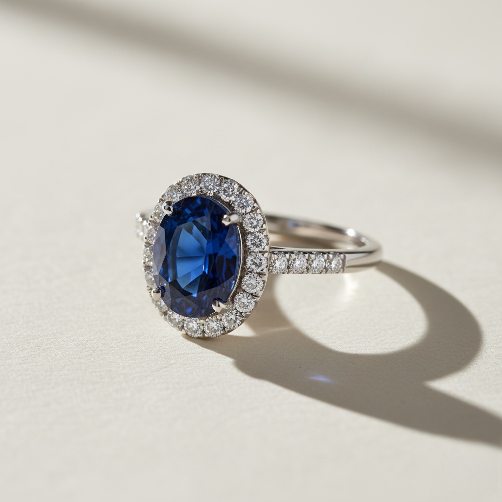 Blue sapphire engagement ring custom made for Emily in London