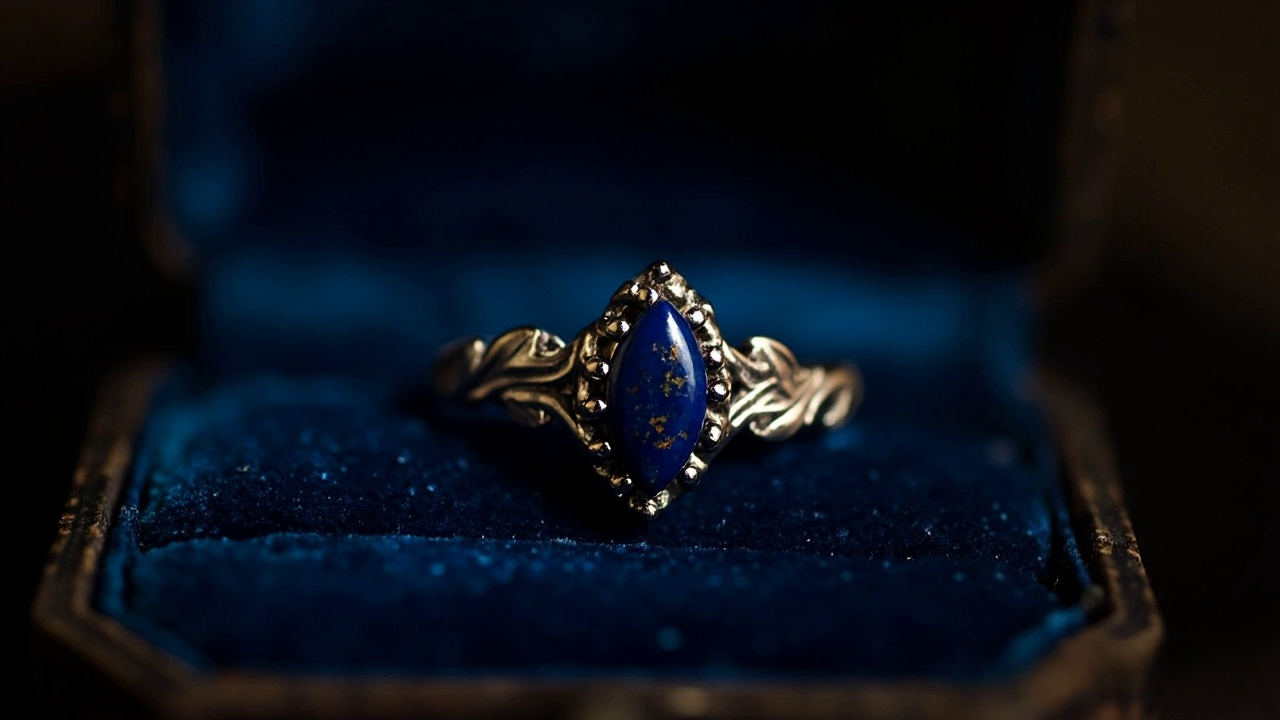 vintage leaf ring with marquise blue gemstone in antique blue velvet box