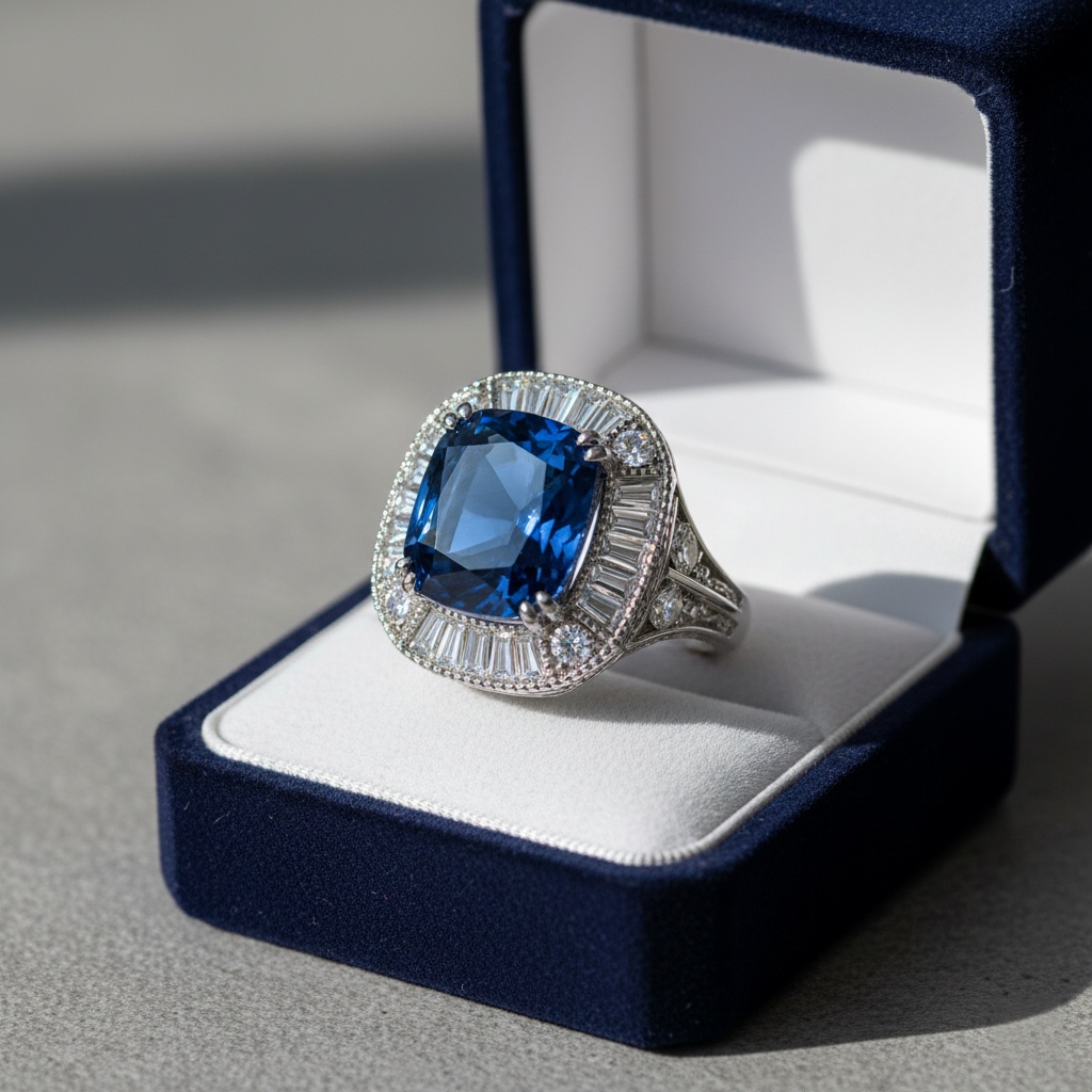 Art Deco–inspired sapphire and stepped diamond halo in platinum for Lila